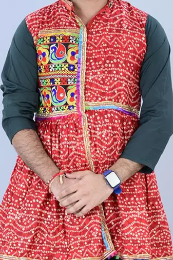 Men bandhani printed regular mirror work kurta with dhoti pants