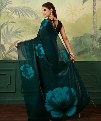 teal green printed satin bollywood saree with blouse 4