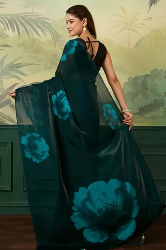 teal green printed satin bollywood saree with blouse