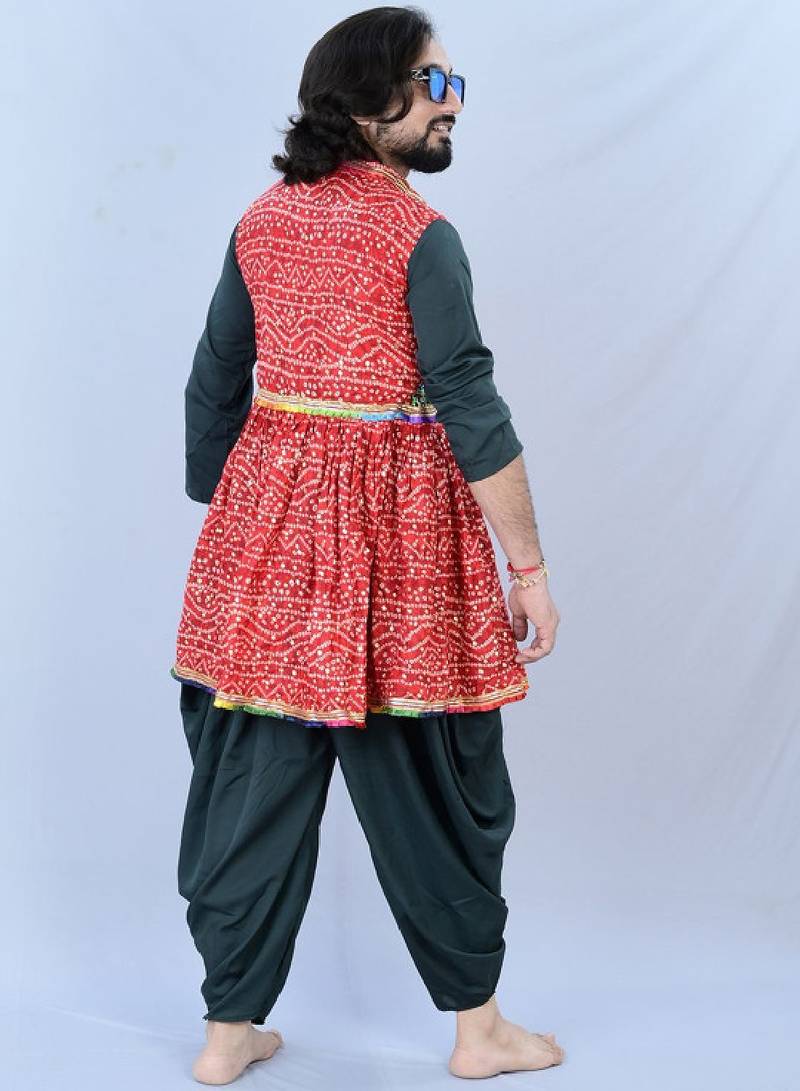 Men bandhani printed regular mirror work kurta with dhoti pants