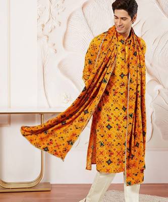 Men yellow rayon patola printed kurta & trouser with dupatta set 1