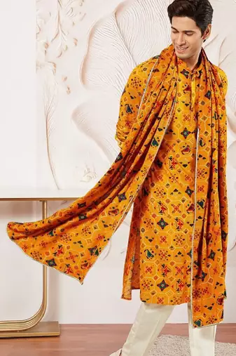 Men yellow rayon patola printed kurta & trouser with dupatta set