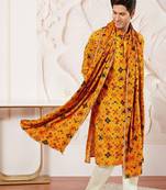 Men yellow rayon patola printed kurta & trouser with dupatta set
