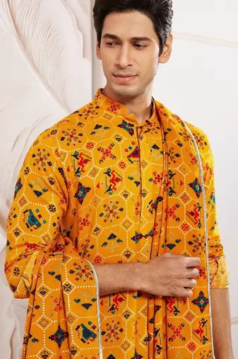 Men yellow rayon patola printed kurta & trouser with dupatta set