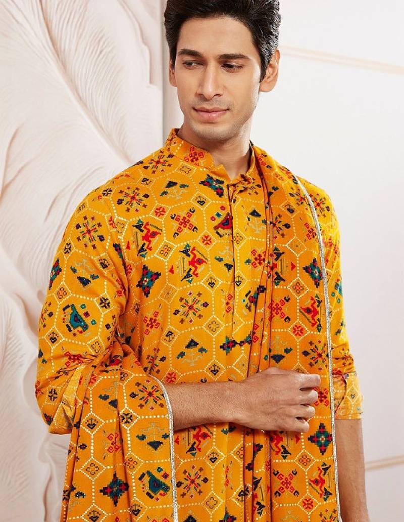 Men yellow rayon patola printed kurta & trouser with dupatta set