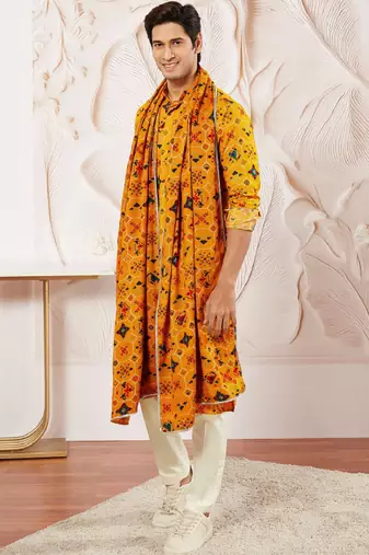 Men yellow rayon patola printed kurta & trouser with dupatta set