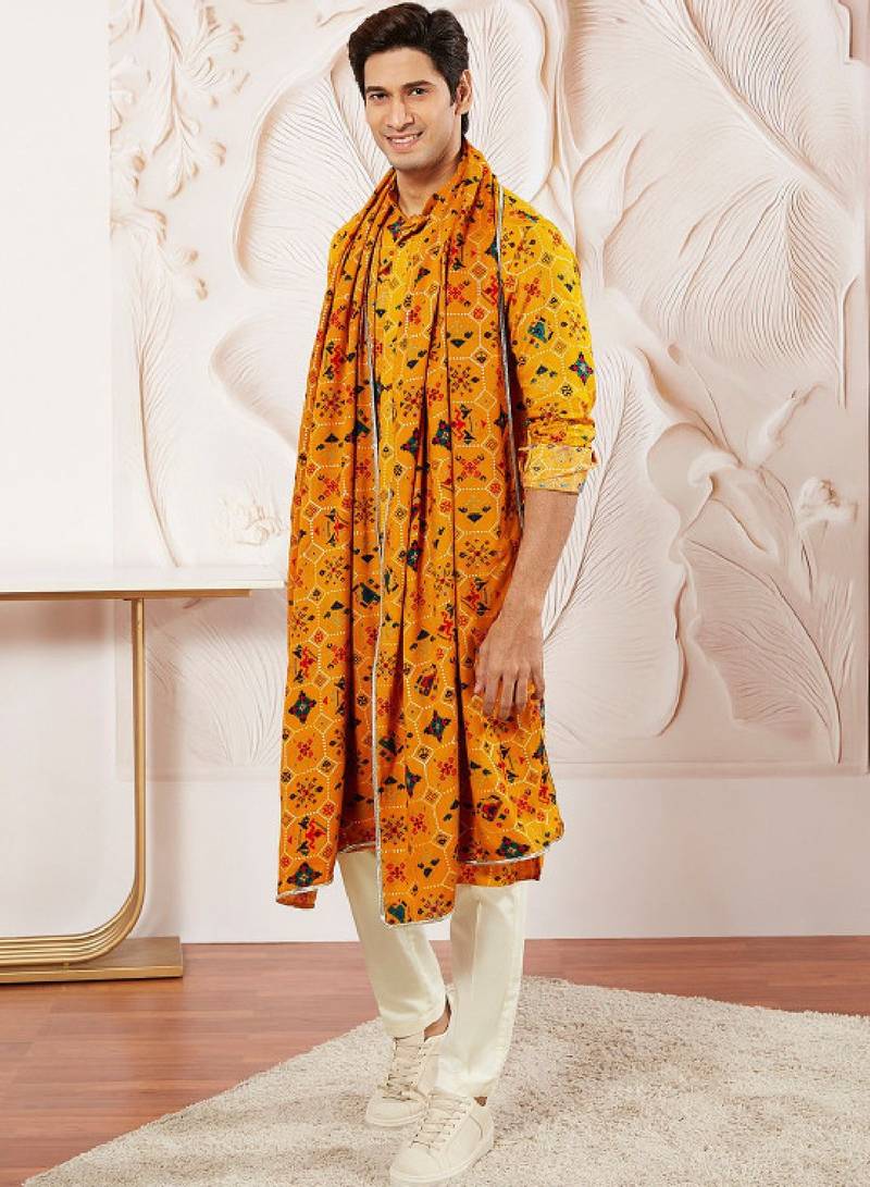 Men yellow rayon patola printed kurta & trouser with dupatta set