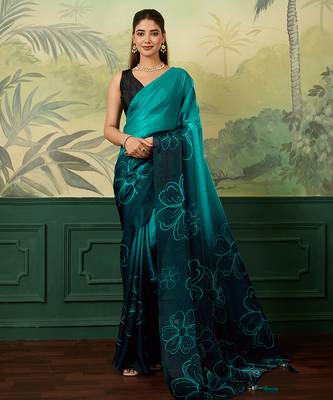 turquoise, teal printed satin bollywood saree with blouse 1