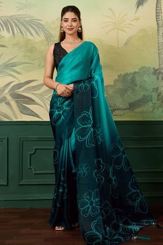 turquoise, teal printed satin bollywood saree with blouse