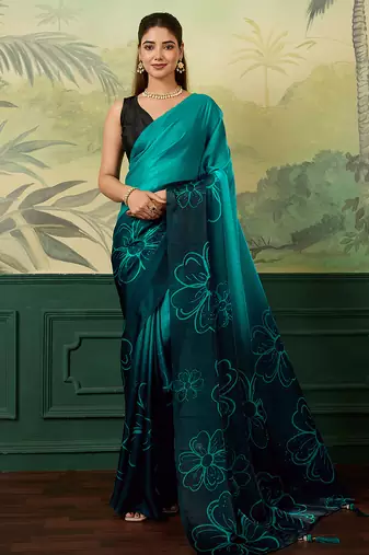 turquoise, teal printed satin bollywood saree with blouse