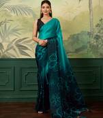 turquoise, teal printed satin bollywood saree with blouse