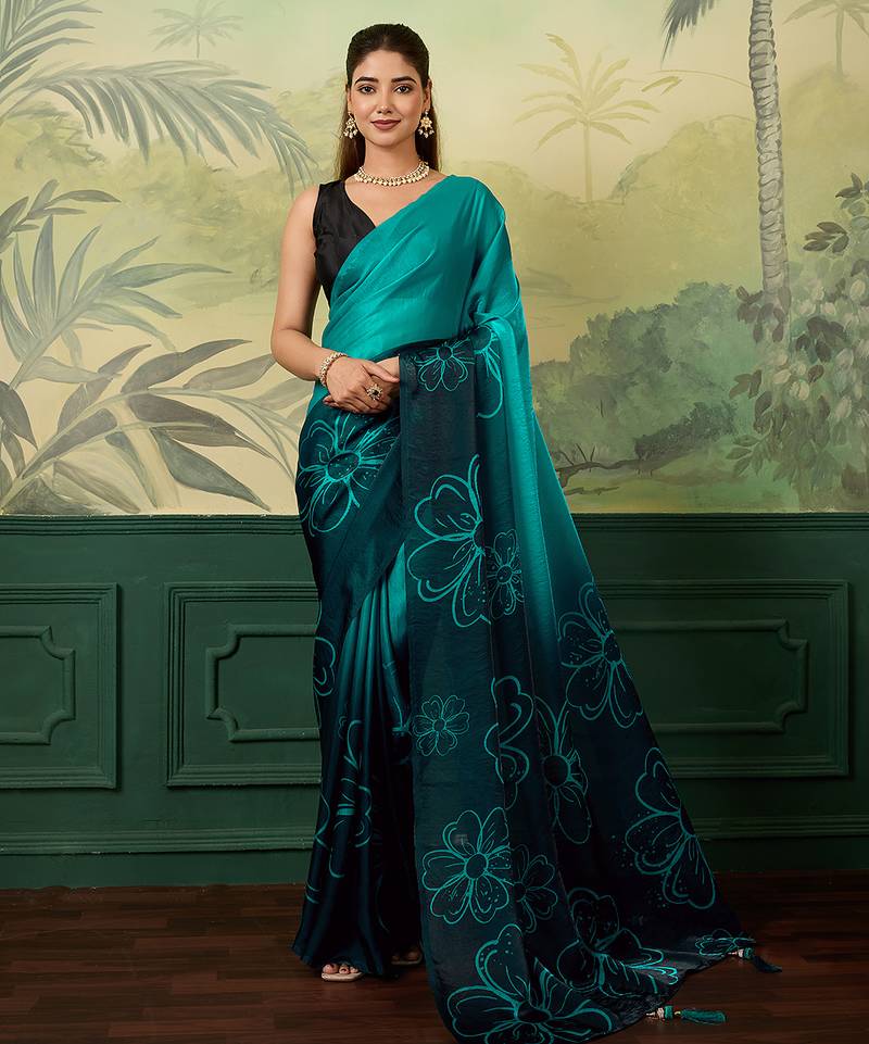 turquoise, teal printed satin bollywood saree with blouse