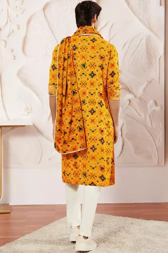 Men yellow rayon patola printed kurta & trouser with dupatta set