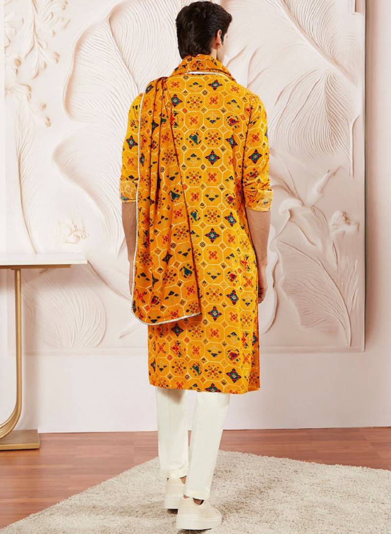 Men yellow rayon patola printed kurta & trouser with dupatta set