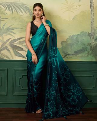 turquoise, teal printed satin bollywood saree with blouse 2
