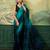 turquoise, teal printed satin bollywood saree with blouse