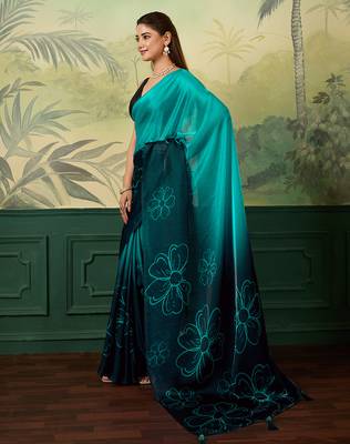turquoise, teal printed satin bollywood saree with blouse 3