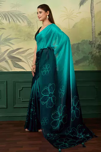 turquoise, teal printed satin bollywood saree with blouse