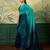 turquoise, teal printed satin bollywood saree with blouse