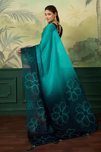 turquoise, teal printed satin bollywood saree with blouse