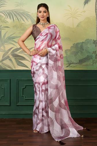 white, pink printed satin bollywood saree with blouse