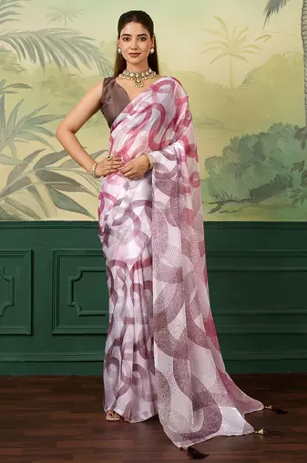 white, pink printed satin bollywood saree with blouse