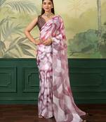 white, pink printed satin bollywood saree with blouse
