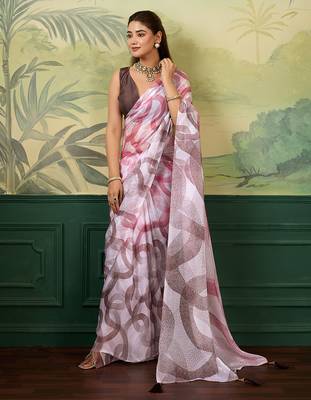 white, pink printed satin bollywood saree with blouse 2