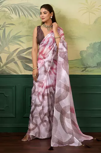 white, pink printed satin bollywood saree with blouse