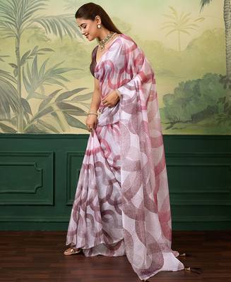 white, pink printed satin bollywood saree with blouse 3