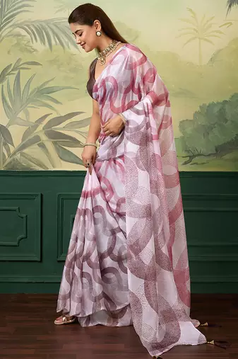 white, pink printed satin bollywood saree with blouse