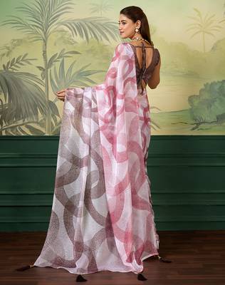 white, pink printed satin bollywood saree with blouse 4