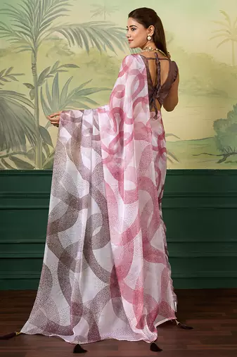 white, pink printed satin bollywood saree with blouse