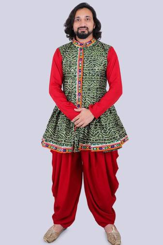Men bandhani printed regular mirror work kurta with dhoti pants