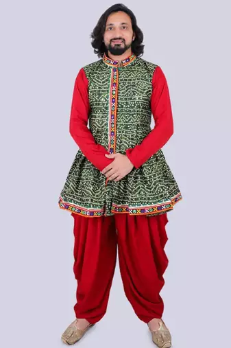 Men bandhani printed regular mirror work kurta with dhoti pants