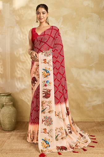 red printed silk blend bandhani saree with blouse