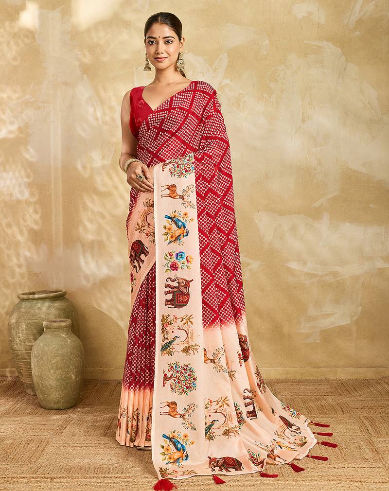 red printed silk blend bandhani saree with blouse