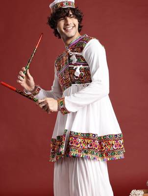 Embroidered pleated mirror work kurta with dhoti pants & cap - free size 1