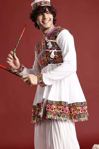 Embroidered pleated mirror work kurta with dhoti pants & cap - free size