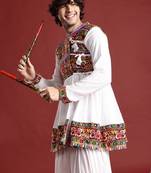 Embroidered pleated mirror work kurta with dhoti pants & cap - free size