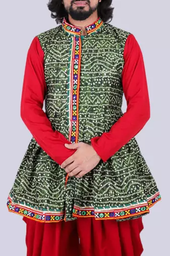 Men bandhani printed regular mirror work kurta with dhoti pants