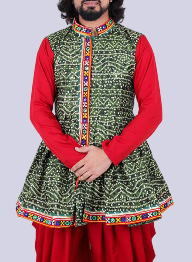 Men bandhani printed regular mirror work kurta with dhoti pants