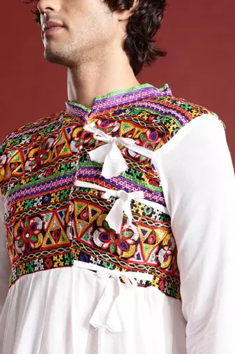 Embroidered pleated mirror work kurta with dhoti pants & cap - free size