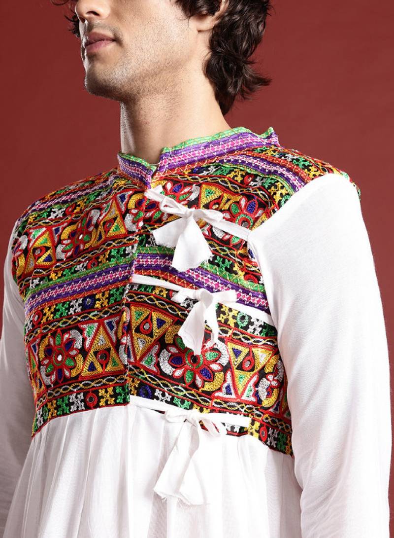 Embroidered pleated mirror work kurta with dhoti pants & cap - free size