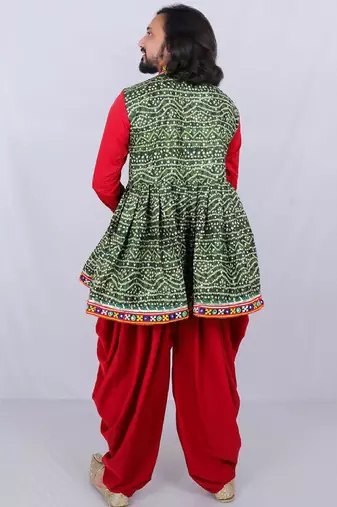 Men bandhani printed regular mirror work kurta with dhoti pants