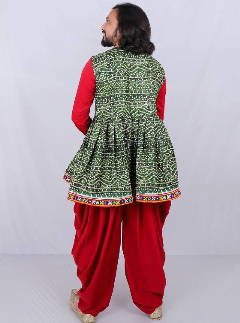 Men bandhani printed regular mirror work kurta with dhoti pants