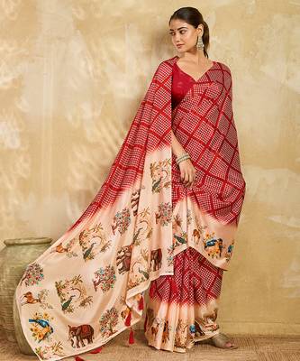red printed silk blend bandhani saree with blouse 2