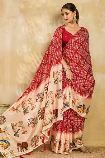 red printed silk blend bandhani saree with blouse