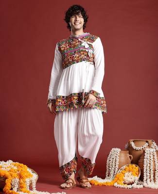 Embroidered pleated mirror work kurta with dhoti pants & cap - free size 3
