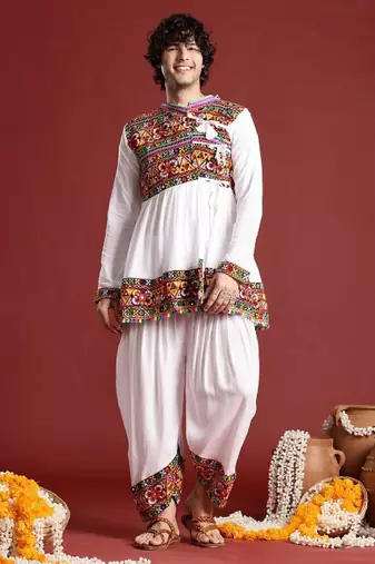 Embroidered pleated mirror work kurta with dhoti pants & cap - free size